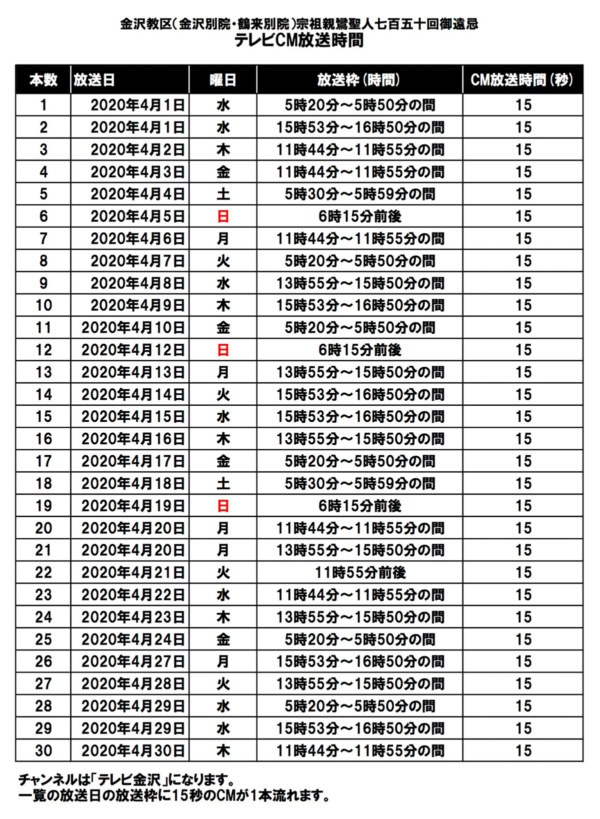 金沢教区宗祖親鸞聖人七百五十回御遠忌CM放送時間について(4月分) 金沢教区宗祖親鸞聖人七百五十回御遠忌CM放送時間について(4月分)